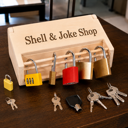 Shell & Joke Shop Wooden Padlock Training Board with Keys & Locks