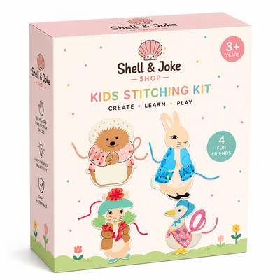 Shell & Joke Shop Kids Stitching Kit for Children Ages 3+ – Creative Sewing Craft Set with Animal Cards